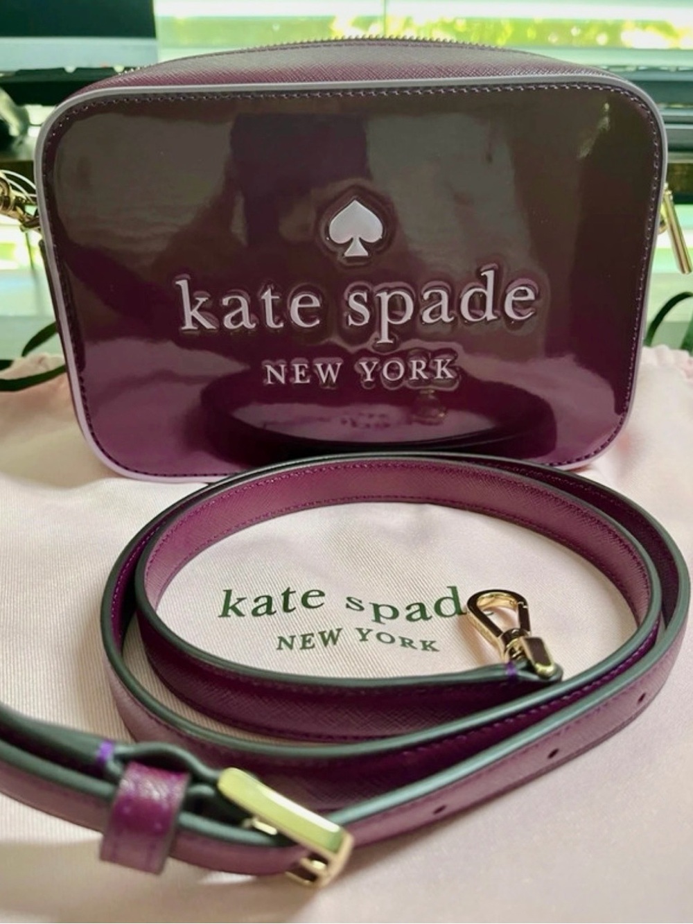 kate spade “Oh Snap” Plum Patent Leather Crossbody Camera Bag - Gold Hardware